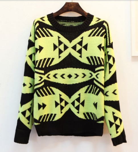 Free Shipping Vintage Geometry Patten Sweater For Women Bright Green Color Pullovers O-neck Fashion Knitted Sweaters SW-078
