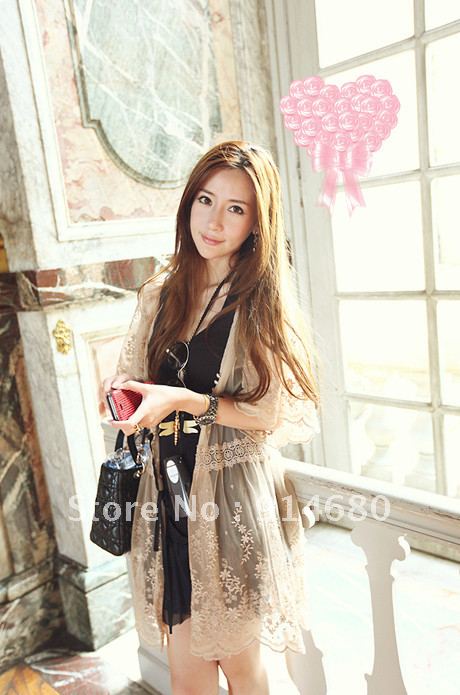 Free shipping!Vintage lace slim waist cardigan flare sleeve coat  Free size Two colors