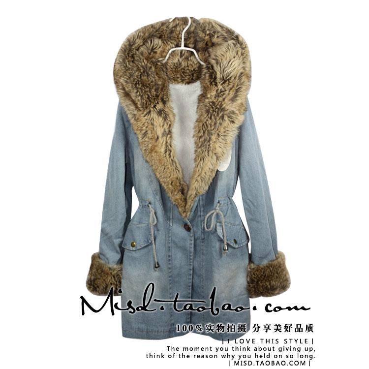 free shipping Vintage large fur collar slim medium-long water wash denim outerwear wadded jacket female 2012