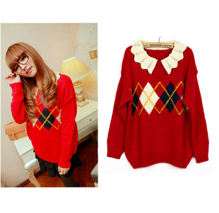 Free Shipping Vintage preppy style plaid turn-down collar sweater loose sweater a256 DN