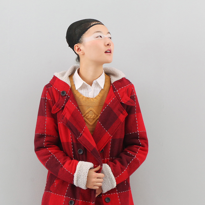 Free shipping Vintage preppy style plus velvet red plaid double breasted overcoat thickening berber fleece