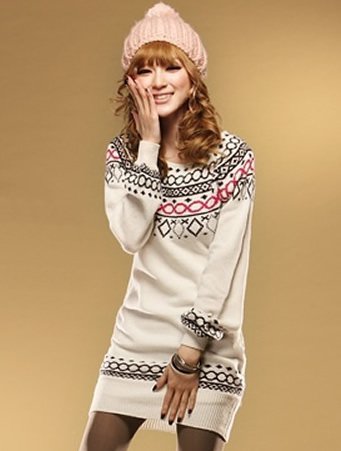 Free shipping vintage print long sleeve knee-length women casual sweater dress slim knitting pullovers autumn 2012
