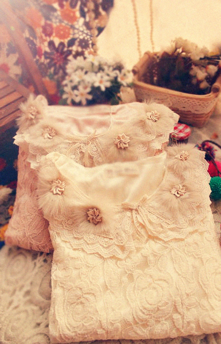 Free shipping Vintage rabbit fur three-dimensional flower princess peter pan sweet peter pan collar lace long-sleeve basic shirt