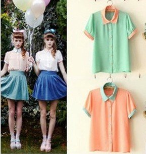 Free shipping vintage small lapel candy color chiffon shirt lady peter pan collar short-sleeve puff sleeve blouse