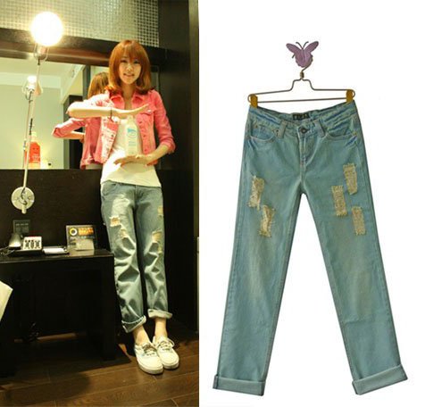 Free Shipping Vintage Straight Leg Denim Fabric Washing Hand Cut Worn Crimping Loose Jeans Woman, Light Blue S/M/X/XL AD9811LK