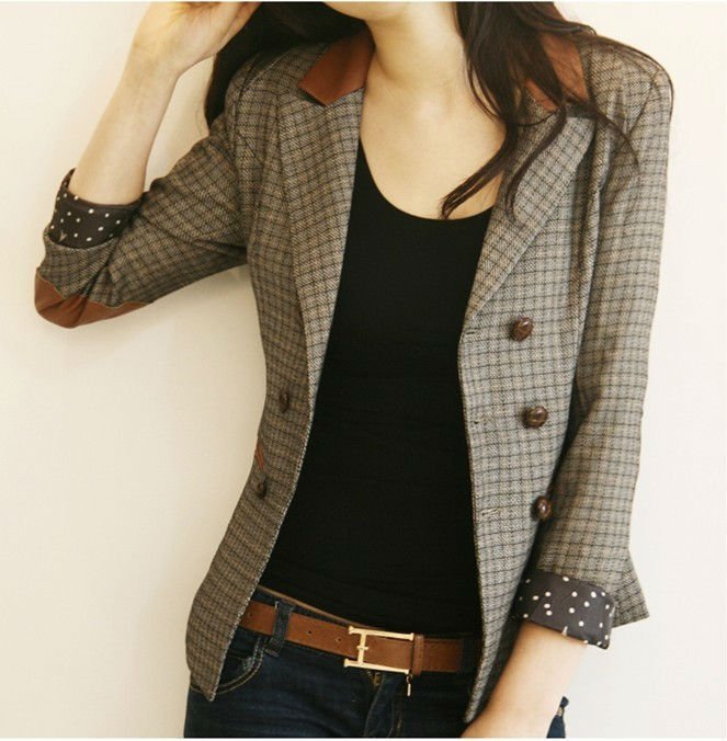 Free Shipping Vintage Style Double-breasted Check Blazer