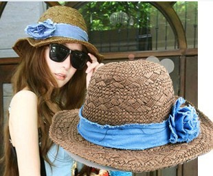 FREE SHIPPING Vintage summer sunbonnet denim flower beach cap straw hat  fashion