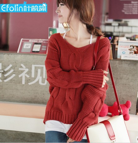 Free Shipping Vintage V-Neck Thicken Knitted Sweater Women Fashion Warm Loose Pullovers Casual Wear Plus Size SW-073