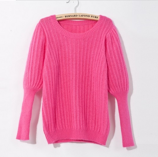 free shipping vivi fashion women's cute vintage rabbit wool soft warm solid casual style puffsleeve sweater rose red grey colors