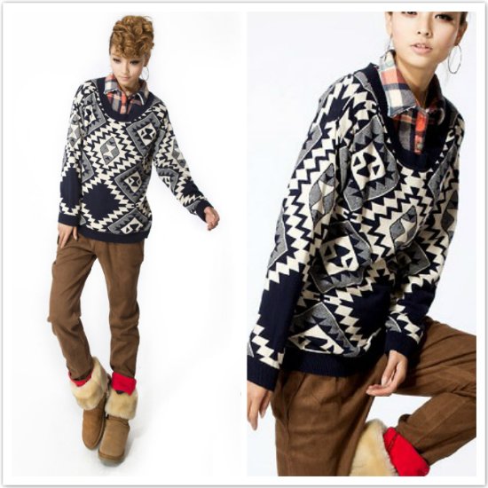 Free shipping-Vivi magazine same style ladies' autumn and winter sweater geometric diamond pattern vintage cool pullover