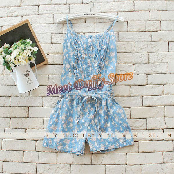 Free shipping ViVi Style Women Summer Floral Denim Overalls Women one piece Jumpsuit Lady suspender pant summer trousers