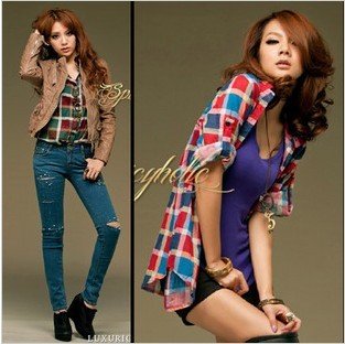 Free shipping,VOGUE,Elegant Ladies Plaid Cotton Shirt,Long Sleeved Leisure Shirt#0701