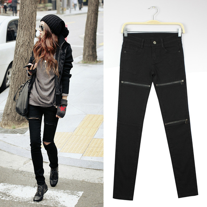 Free Shipping Vogue Hole Zipper Black Elastic Denim Skinny Pants Korean Style All Match Female Slim Boot Cut Jeans Pencil Pants
