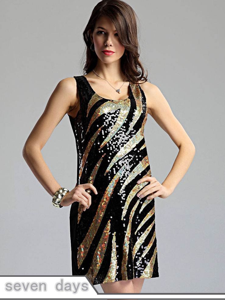 Free Shipping Vogue Lady New Sequin Zebra Stripe Slim Tank Mini Dress HL112619YL