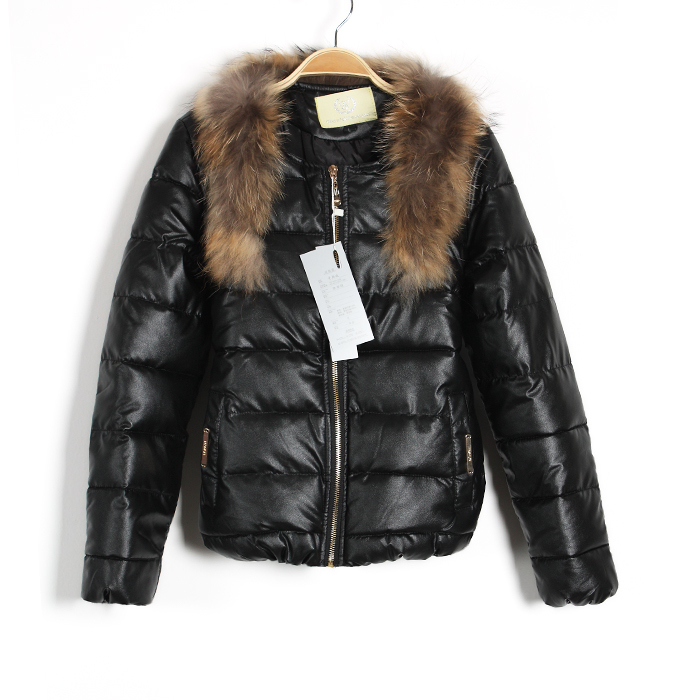 Free Shipping  wadded jacket  raccoon fur slim PU short design winter coat thickening cotton-padded jacket cotton-padded jacket