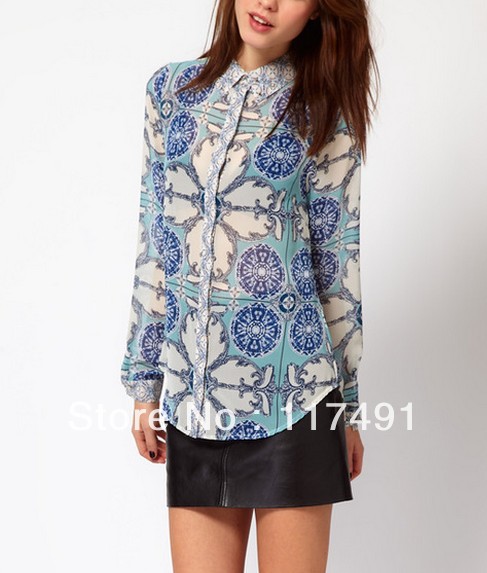 free shipping war*house 2013 fashion new Wealth blue and white porcelain rivet collar chiffon shirt OL Elegant blouse/top ft085