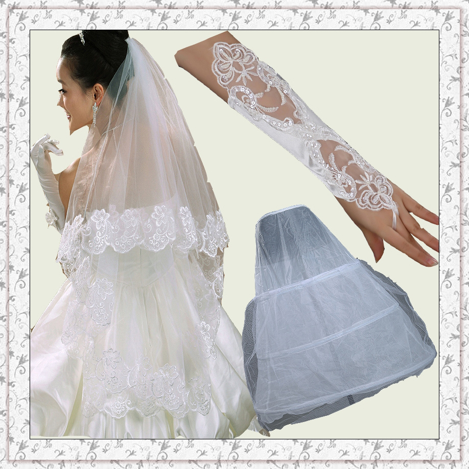 Free Shipping Wedding Apparel Bridal Veils + Petticaot + Gloves