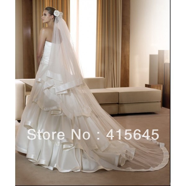 Free Shipping wedding Bridal veil 3M Wedding Long Veils Satin Ribbon Top Quality Veils in Ivory / White*Comb