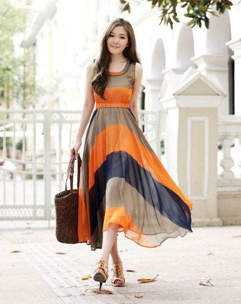 Free Shipping Western Style Big Lap Stripe Chiffon Dress Summer Women's Dress Summer Wear Wholesale Retail Dropship