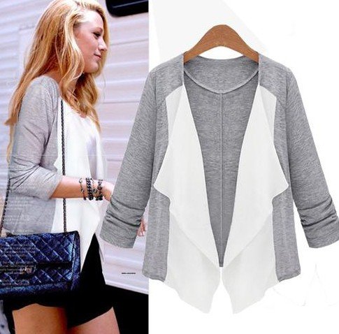 Free Shipping Western Style Loose Color Block Irregular Long Sleeve Cotton Coat