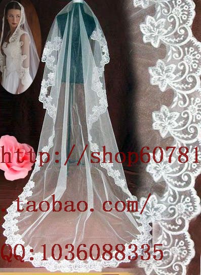 FREE SHIPPING White 2.6 meters lace long veil bride decoration wedding dress train veil ivory