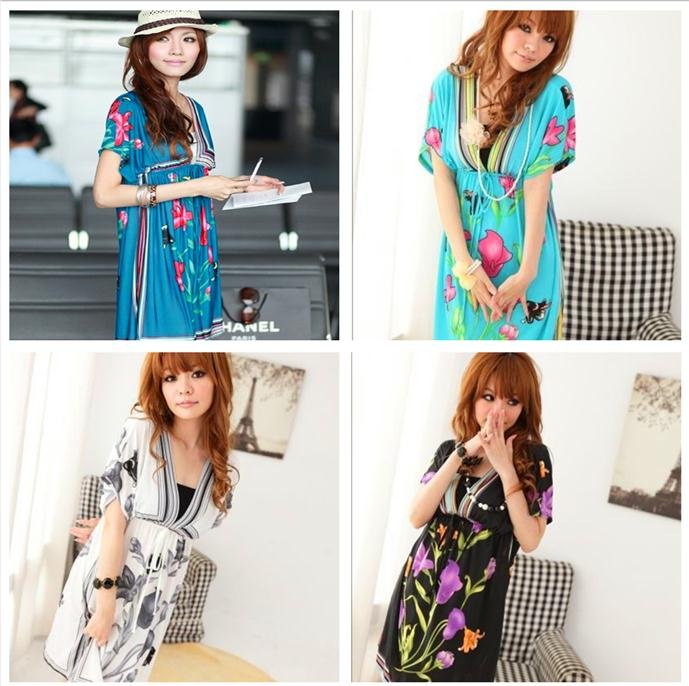 Free Shipping white 2012 Women dresses print Bohenmia V-neck Fashion Dress wholesale retail black green blue skirt
