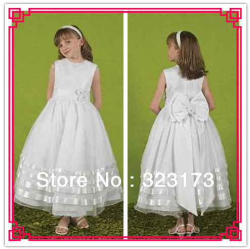 Free Shipping White A-line Sash Lace Organza Round Neckline Ankle Length Princess Dress Girl