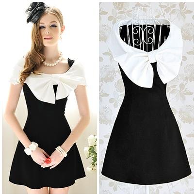 Free shipping white and black color patchwork wrapped shoulder bow A-line knee-length cotton slim cute dress new fashion 2013