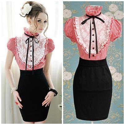 Free shipping white and red plaid lace patchwork vintage slim sexy mini dress sheath ruffles short sleeve dress new fashion 2013