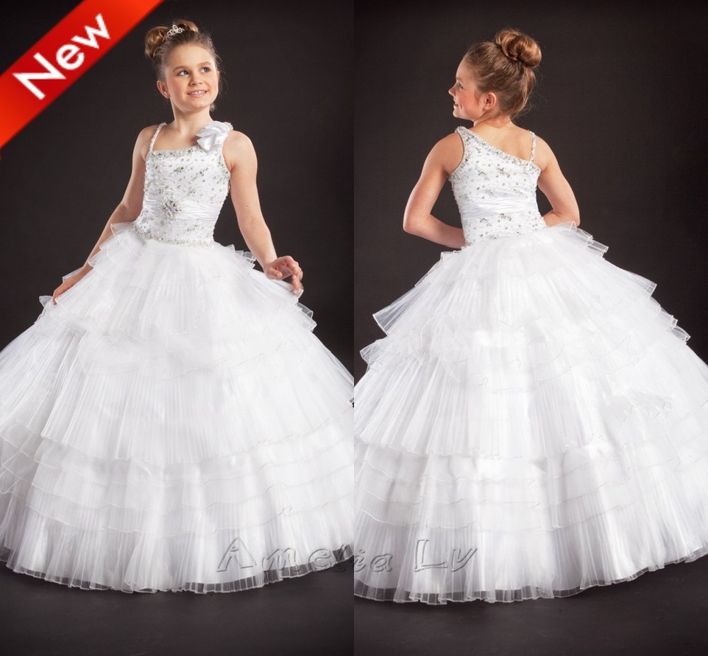 Free Shipping White Ball Gown Straps Beaded Bodice Tiered Skirt Tulle Flower Girl Dress Girl Pageant Dress