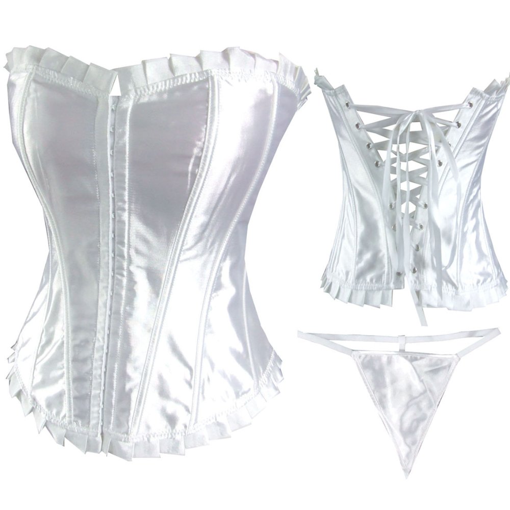 Free shipping White Black Sexy Corset Bustier & G-string 015/ Size S-6XL
