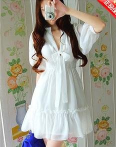 Free shipping.White/Blue/Pink.Korean Fashion bow leisure waist V-neck Chiffon Dress 2013 Spring Summer Women Dress