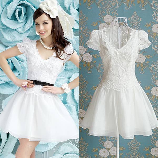 Free shipping white embroidery v-neck butterfly sleeve women slim cute ball gown lace princess dress new fashion 2013