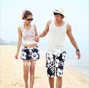 Free Shipping white flower beach pants women/men  trousers beach style  lovers shorts