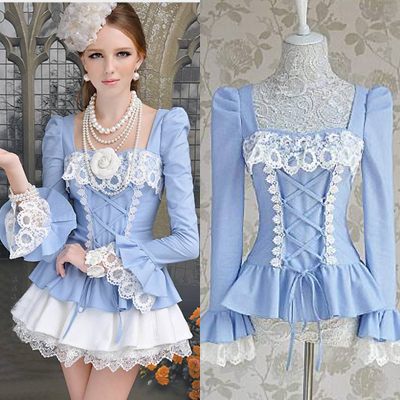 Free shipping white lace ruffles patchwork full sleeve top casual women tie slim pleated blue blouse shirt new fashion 2013