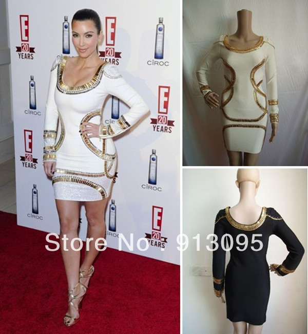 Free Shipping White Long Sleeve Gold Bead Bandage Dress New Arrival Kim Kardashian Scooped Neckline celebrity dresses 2012