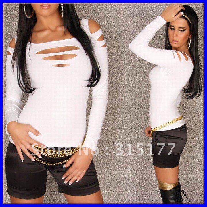 Free shipping White Long Sleeve Shirt with Refined Cut Sexy Clubwear Wholesale 10pcs/lot Shirt for women 2012 Club Tops 25057-1
