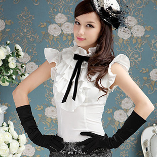 Free shipping White ruffle bow stand collar elegant butterfly sleeve shirt as