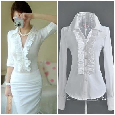 Free shipping white ruffles patchwork full sleeve ladies casual slim formal working blouses shirts 2013 design hot selling