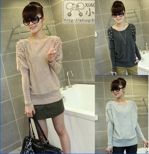 Free shipping + wholesal  Mesh pearl round neck long-sleeved Korean women sweater