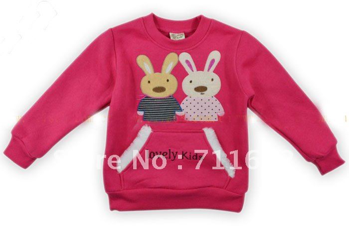 Free Shipping-wholesale 2012  Cotton lovely little rabbit embroidery Cartoon girls hoodies 3 colors 6pcs/lot