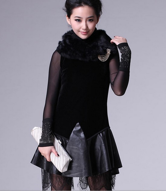 Free shipping! Wholesale! 2012 new high-grade rabbit hair brought bud silk black PU leather vest dress/women sweaters- 34