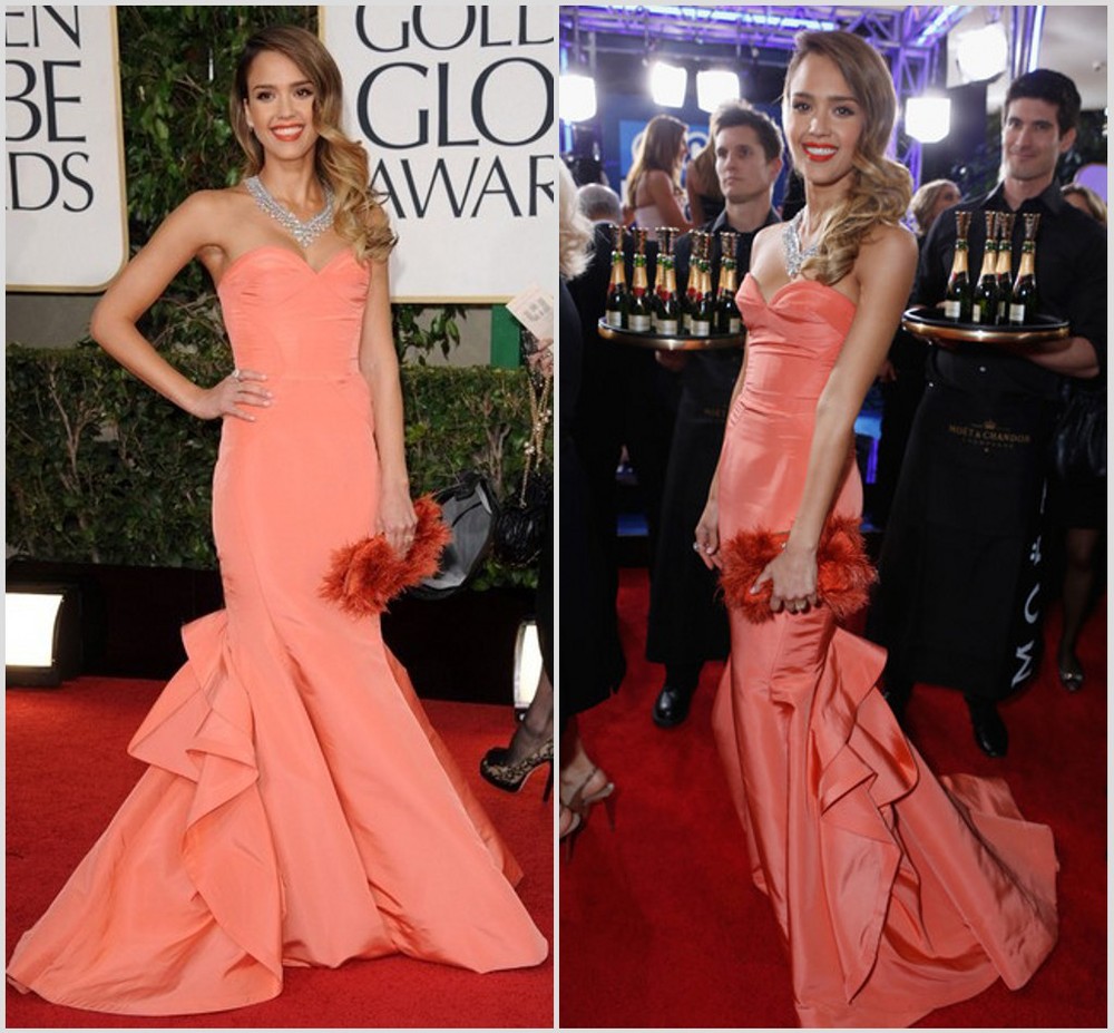 Free Shipping !!Wholesale!!2013 70th Golden Globes Jessica Alba Coral Prom Dress Mermaid Sweetheart Ruched Flouncing Slim