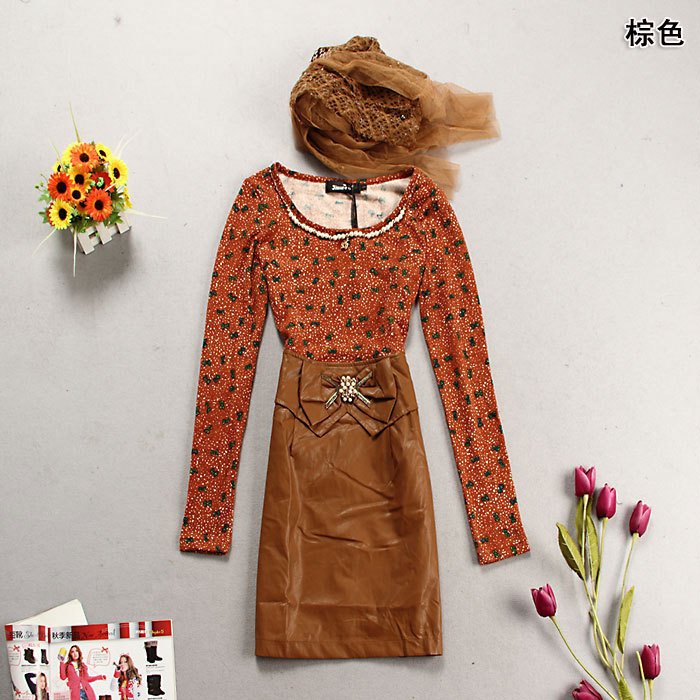 Free shipping! wholesale!2013 hot selling Women's long-sleeve faux leather print one-piece dress