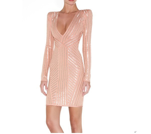 Free shipping wholesale 2013 lastest sexy V -neck long sleeve HL Bandage Dress Cocktail Evening prom Dresses Pink dropshippingSe