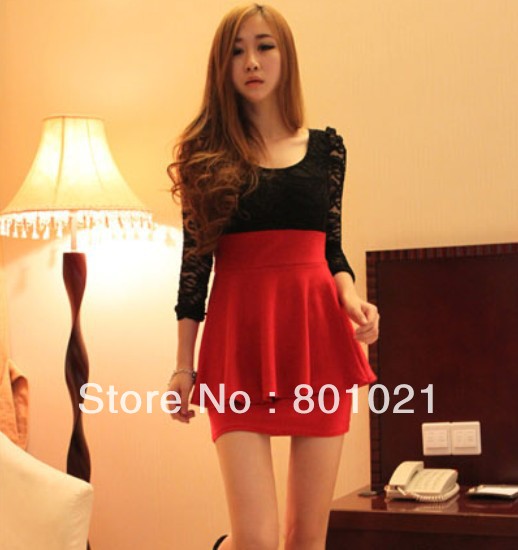 Free Shipping wholesale 2013 new fashion slim v neck long sleeve lace dress black spring dress cotton women dress