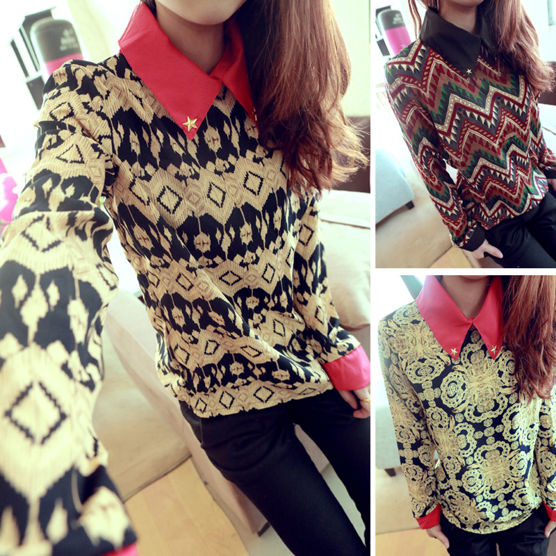 Free Shipping Wholesale 2013 spring decoration turn-down collar vintage print long-sleeve chiffon top female