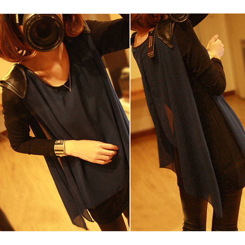 Free Shipping Wholesale 2013 spring twinset patchwork shoulder pads knitted long-sleeve chiffon top female