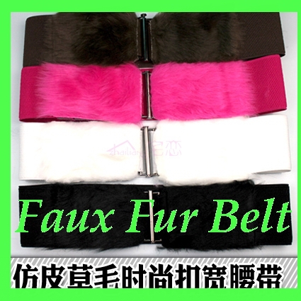 Free Shipping Wholesale 20pcs/Lot 2012 New Faux Leather Belts With Faux Fur For Women's Buckle Fashion Belts Elastic