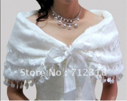 Free Shipping! Wholesale 3-layer fringed bride shawl ivory warm faux fur scarf wrap shrug jacket